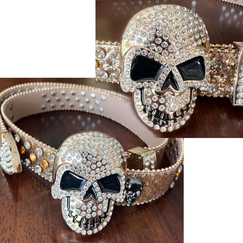 Skull PLUS 2X Rhinestone Metallic Gold Studded Belt Whimsigoth Party Cocktail